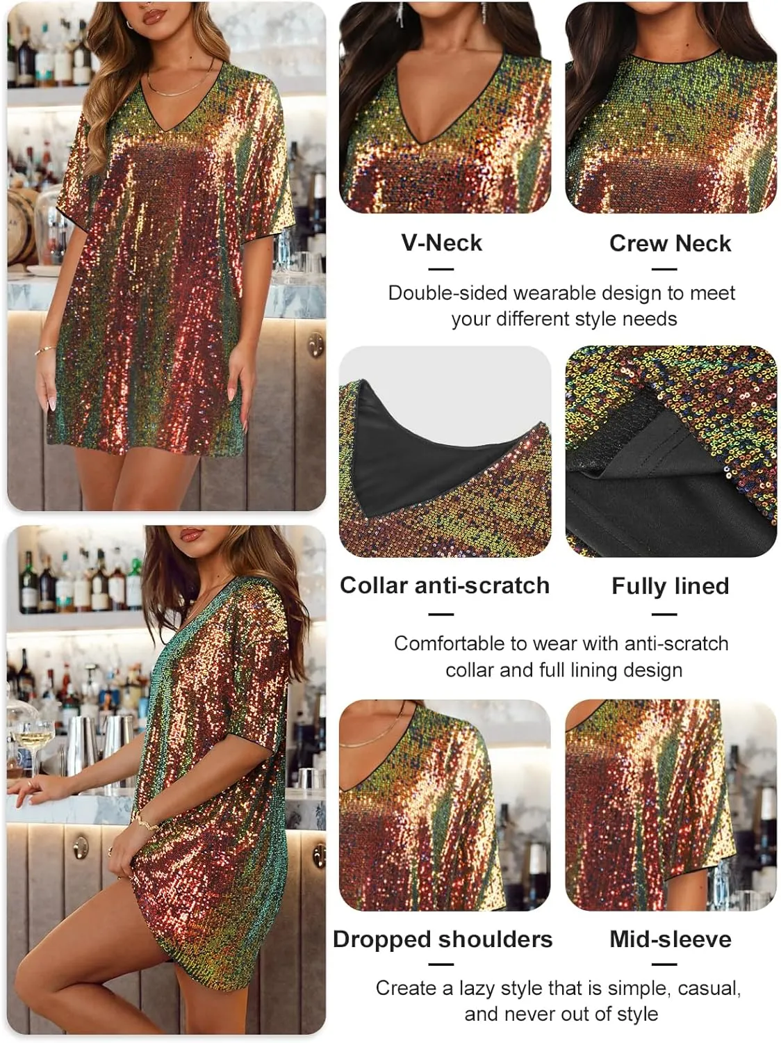 Women's Crew Neck Sequin Dress for Women Sexy V Neck Shirt Dress Sparkly Half Sleeve Loose Party Club Cocktail Dress