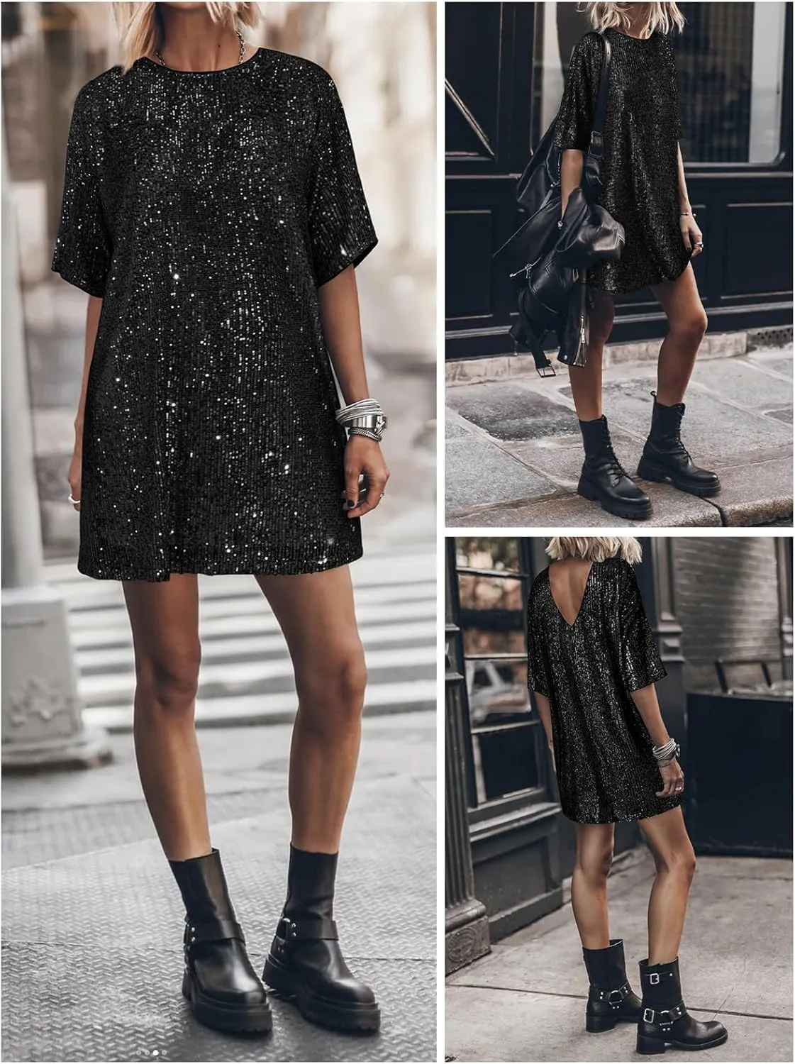 Women's Crew Neck Sequin Dress for Women Sexy V Neck Shirt Dress Sparkly Half Sleeve Loose Party Club Cocktail Dress
