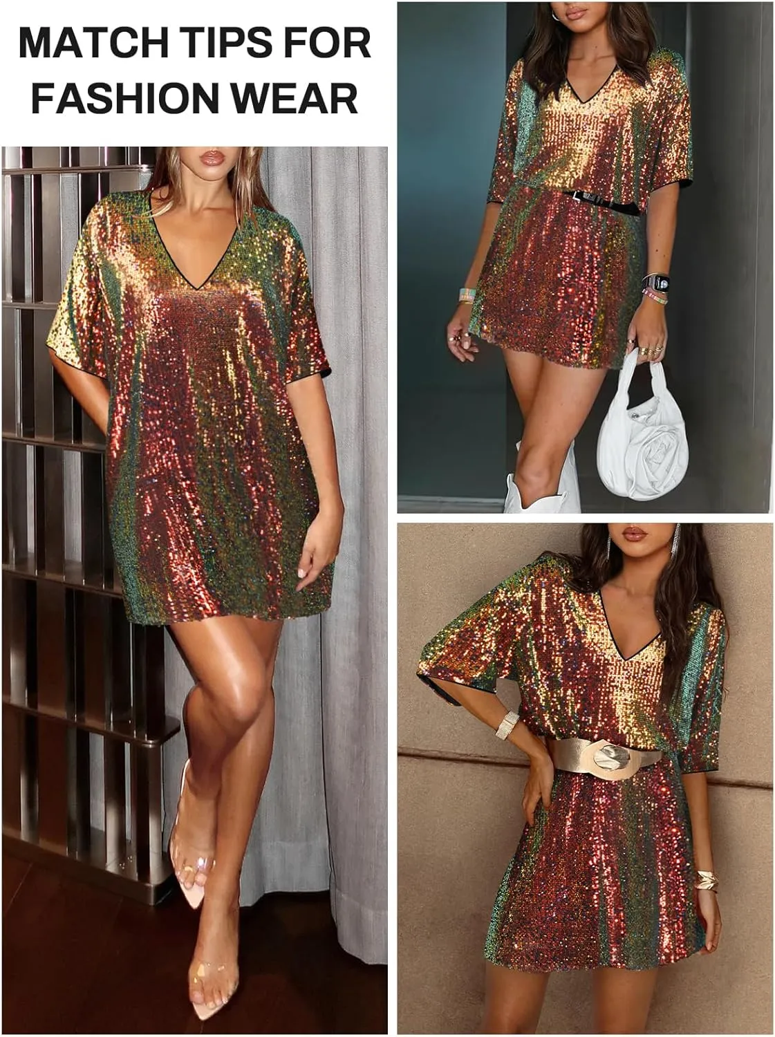 Women's Crew Neck Sequin Dress for Women Sexy V Neck Shirt Dress Sparkly Half Sleeve Loose Party Club Cocktail Dress