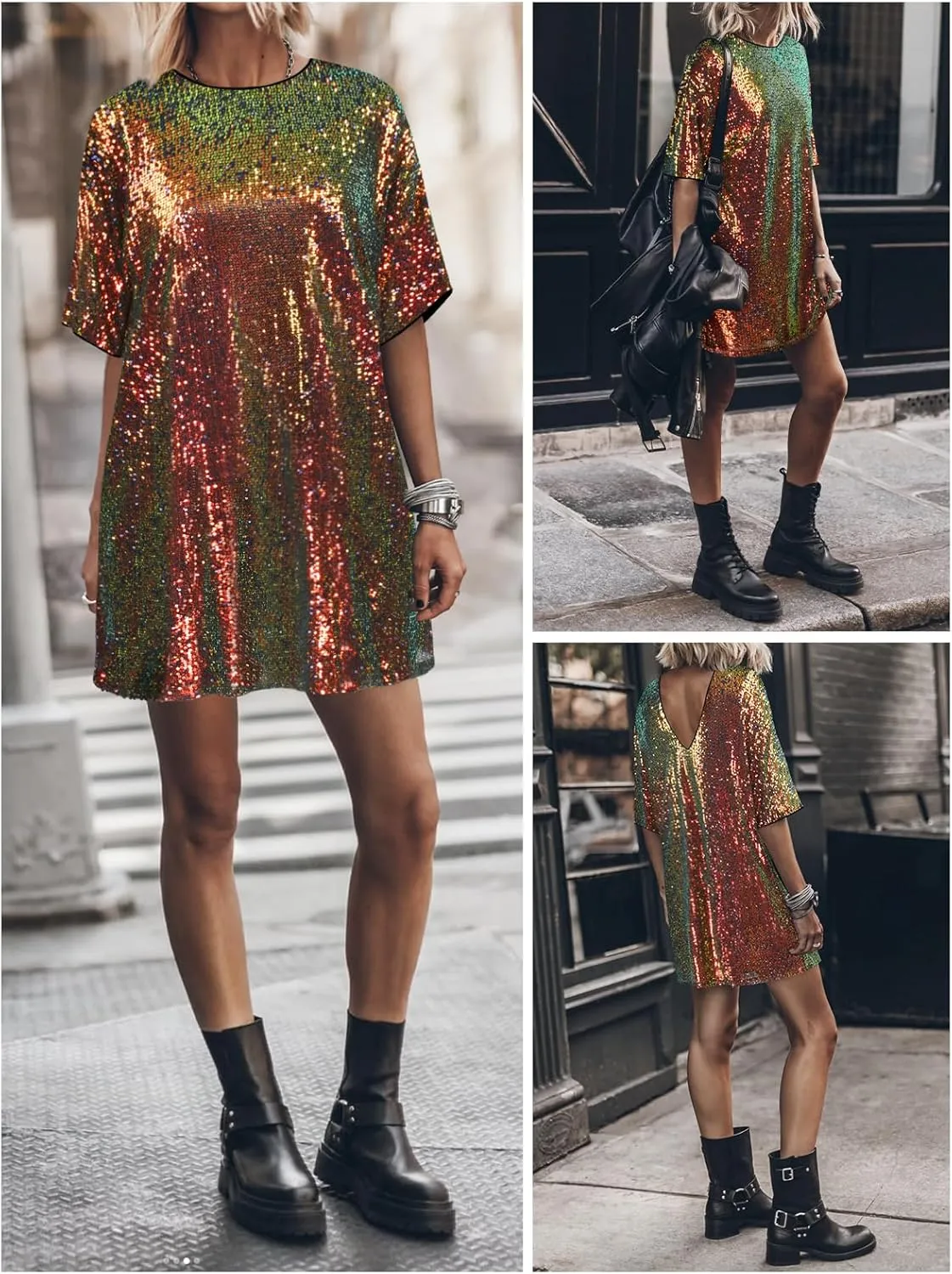 Women's Crew Neck Sequin Dress for Women Sexy V Neck Shirt Dress Sparkly Half Sleeve Loose Party Club Cocktail Dress