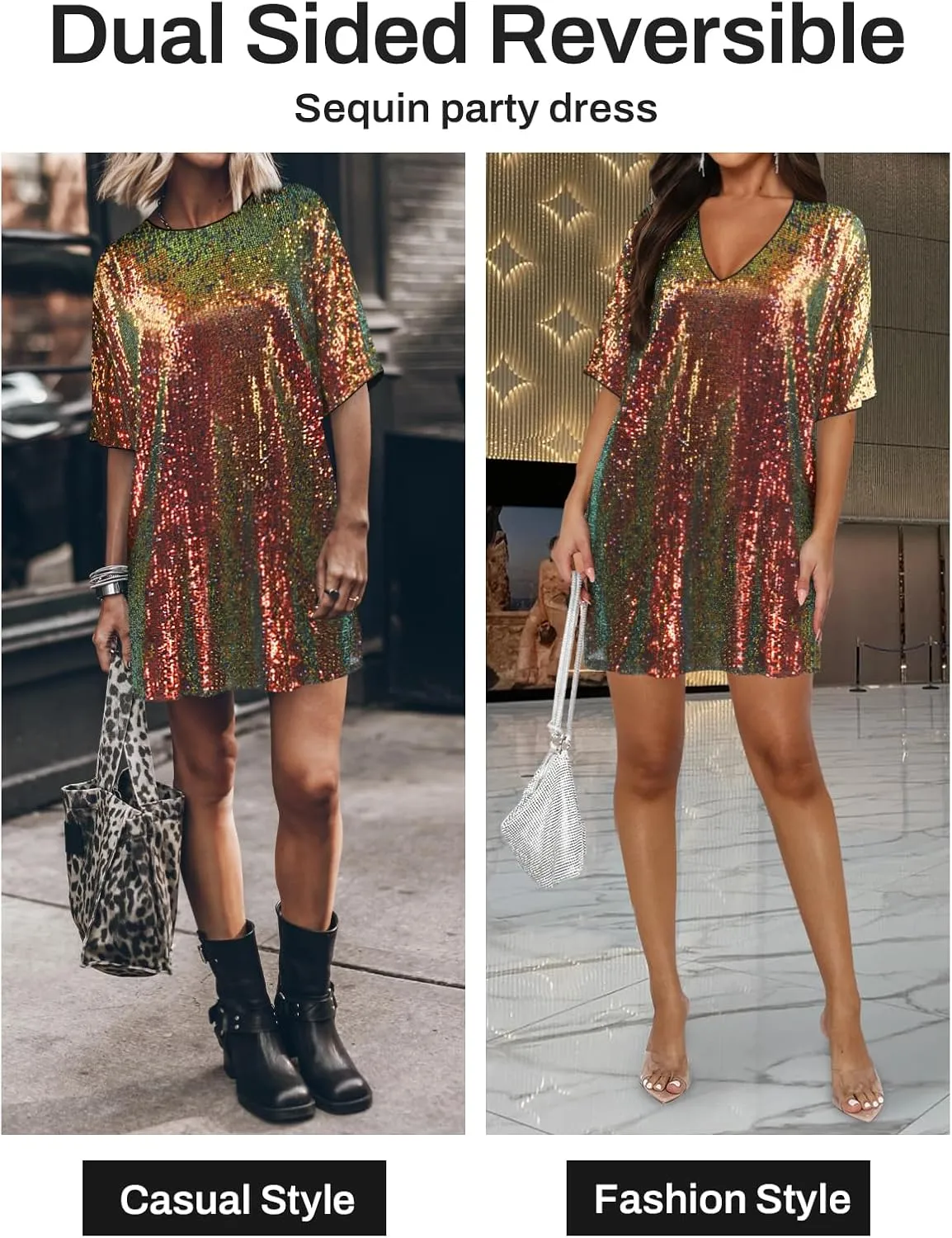 Women's Crew Neck Sequin Dress for Women Sexy V Neck Shirt Dress Sparkly Half Sleeve Loose Party Club Cocktail Dress